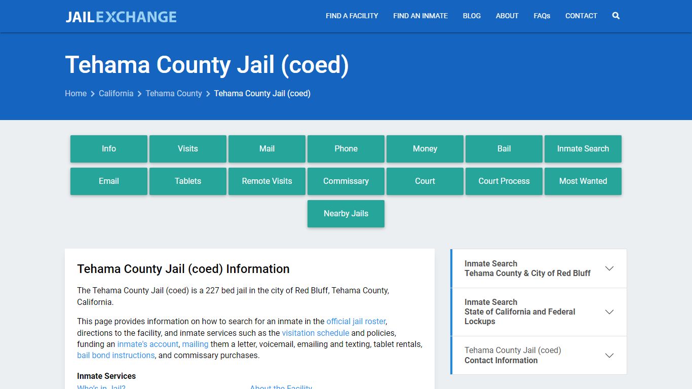 Tehama County Jail (coed), CA Inmate Search, Information