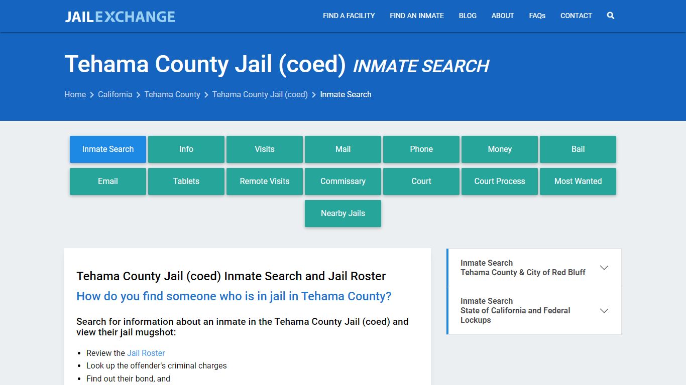 Tehama County Jail (coed) Inmate Search - Jail Exchange